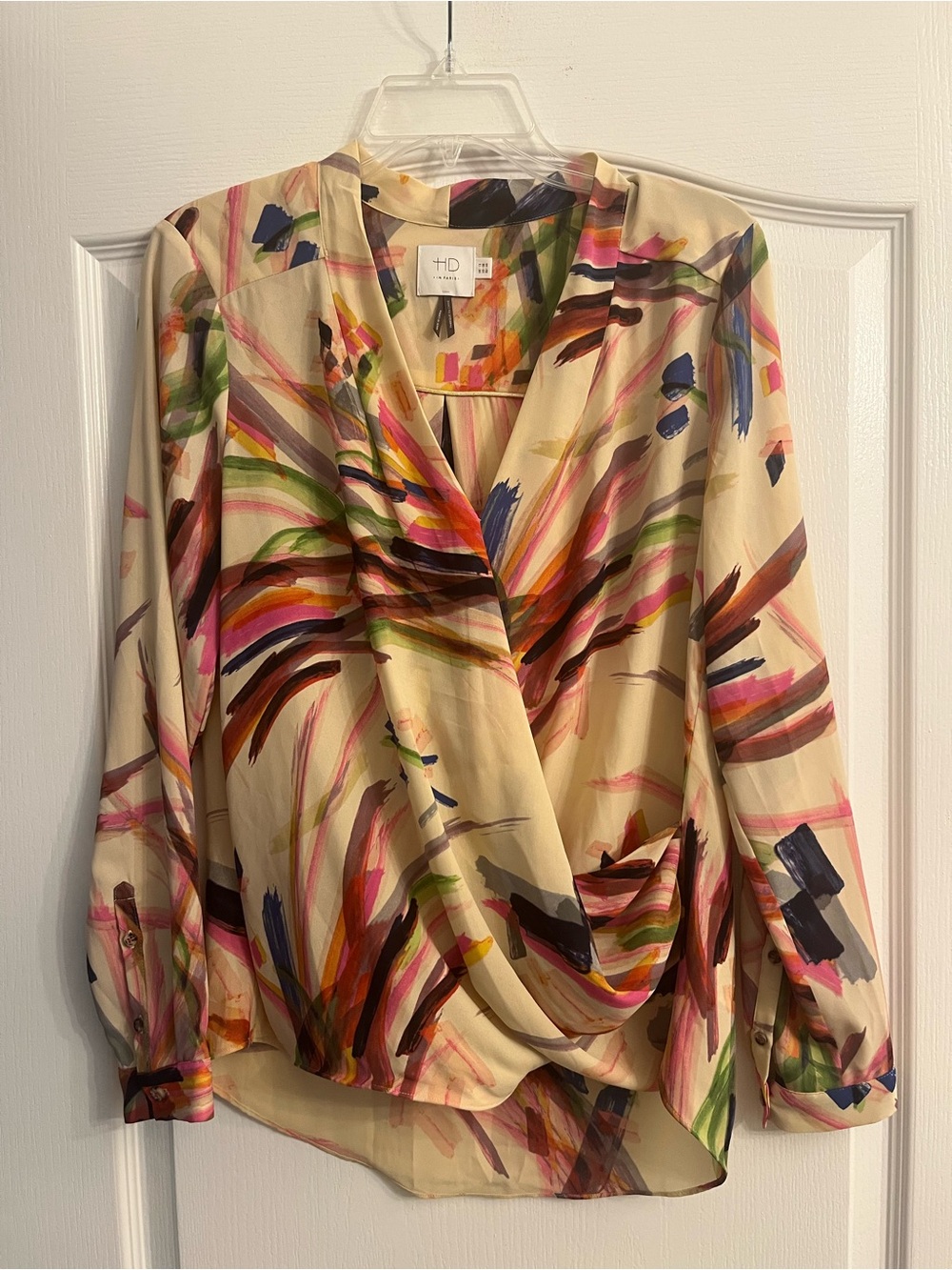 HD in Paris Cream Wrap-Style Blouse with Multicolor Brushstroke Print